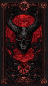 Ornate demonic skull sigil with horns and infernal red halo