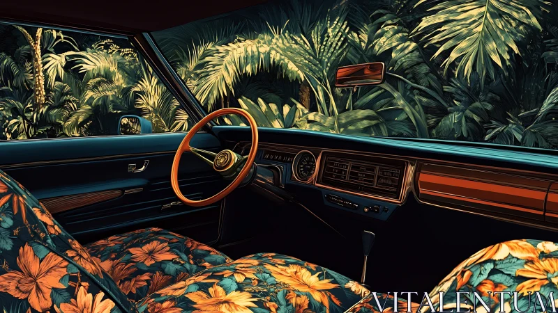 Vintage car interior with tropical floral seats and jungle view.