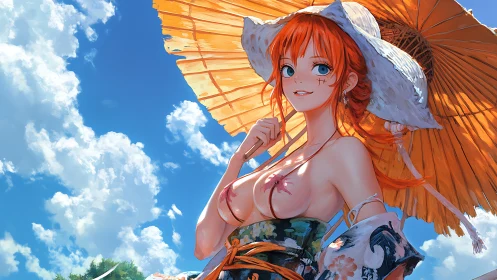 Sunlit redhead enjoying a bright summer sky and parasol.