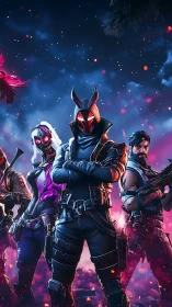 Armored neon strike squad in cinematic battle-ready stance