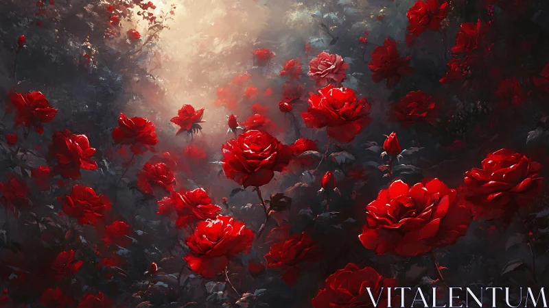 Luminous Red Roses Garden in Atmospheric Mist