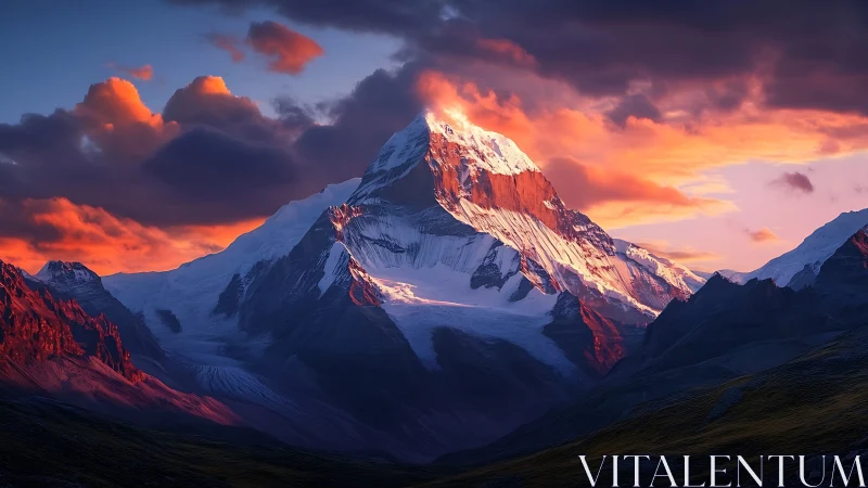 Crimson dusk crowns the snow peak with molten skyfire