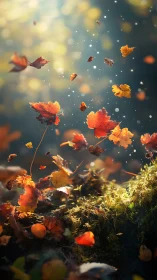 Dancing autumn leaves drifting through gentle forest light.
