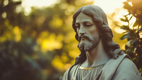 Serene marble Christ statue glows in warm sunset light.