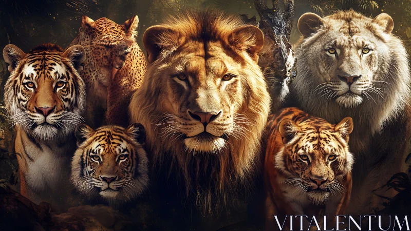 Five Wild Cats Rendered in Golden Warm Tones