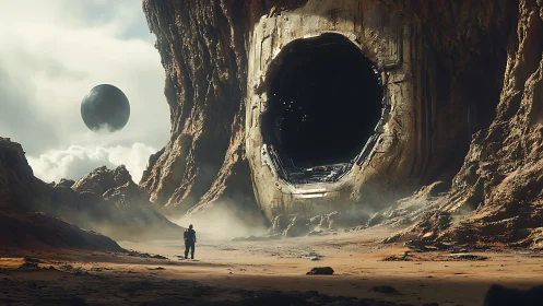 Lone explorer before cyclopean exoplanetary gate aperture.