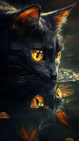 Black Cat with Luminous Golden Eyes Reflected in Dark Water