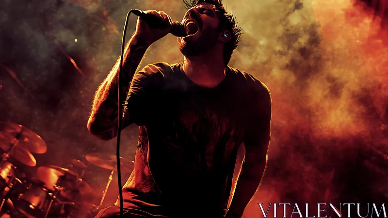 Photographic stage portrait of rock vocalist in dramatic smoke.