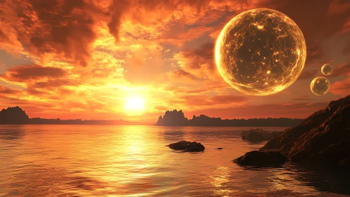 Alien sunset seascape with glowing planetary spheres.