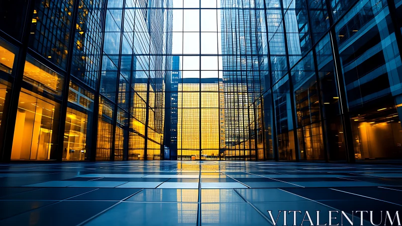 Symmetrical glass atrium frames illuminated urban highrise core
