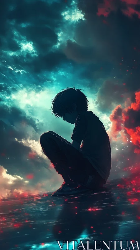 Solitary boy silhouette under storm-lit cyan red sky.
