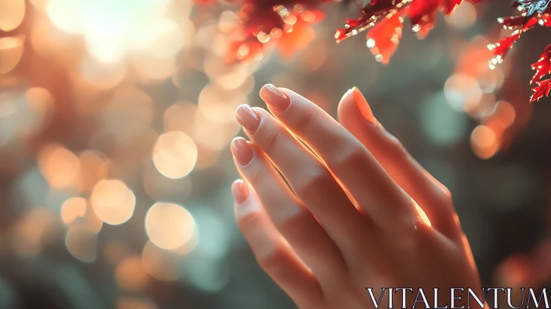 Hand reaching toward autumn leaves in warm soft focus.