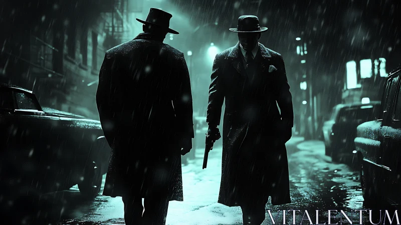 Noir gunmen walking through rain-soaked alley at night.