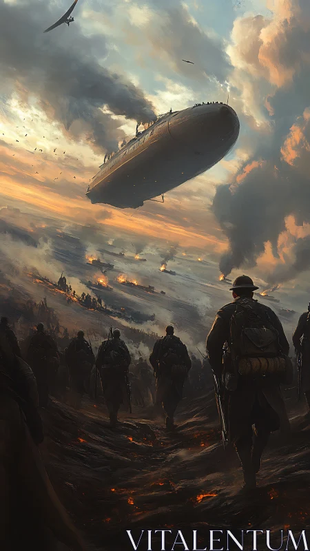 Soldiers march beneath a vast airship in a burning sky.