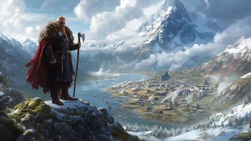 Warrior observes a Nordic valley settlement from a high ledge