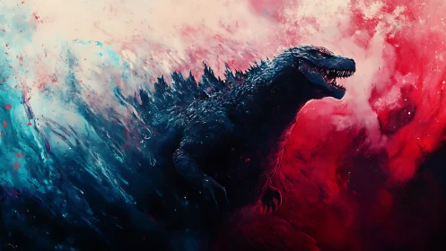 Colossal reptilian kaiju in turbulent red and cyan energy field