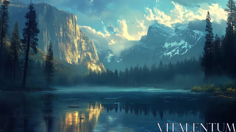 Mountain lake at dawn with mist and tall pine trees.