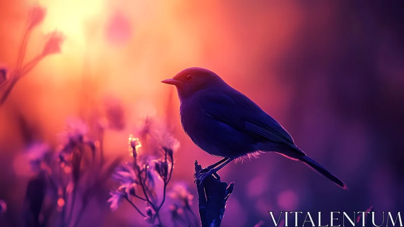 Backlit passerine silhouette in chromatic dusk bokeh field.