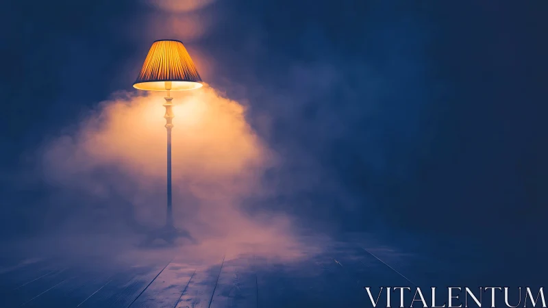 Vintage floor lamp glows warmly through swirling midnight fog