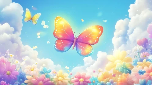 Radiant gradient butterfly soars above pastel floral meadow