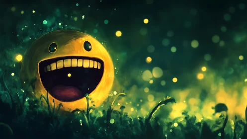 Glowing smiley face orb in surreal green forest night