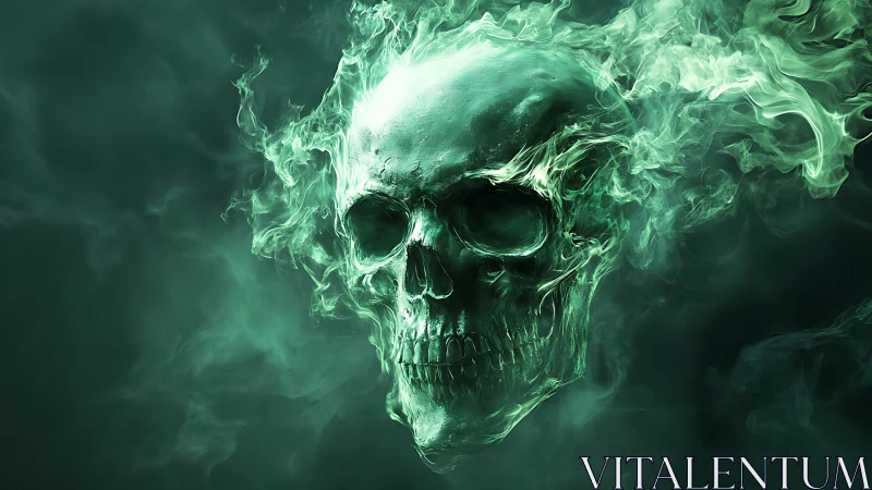 Emergent luminous skull formed from turbulent emerald vapor field