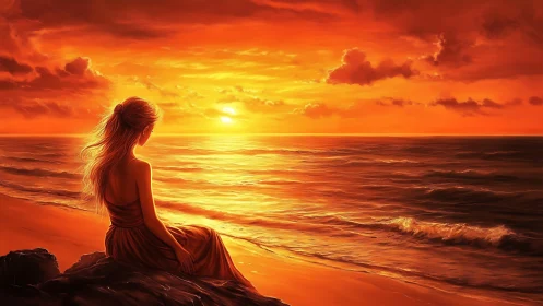 Solitary woman studies fiery sunset over calm ocean waves