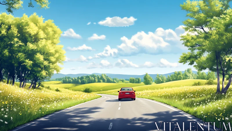 Red car on rural road through green fields under blue sky.