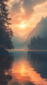 Vertical lake sunset with misted alpine silhouettes panorama.