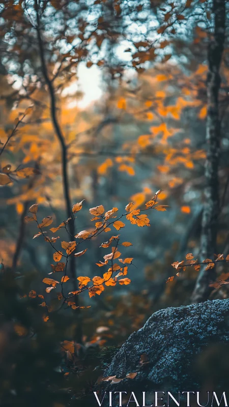 Autumn forest branch with orange leaves in soft focus.