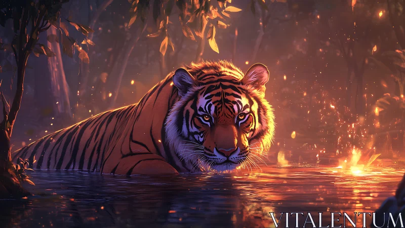 Calm tiger resting in glowing jungle waters at twilight.