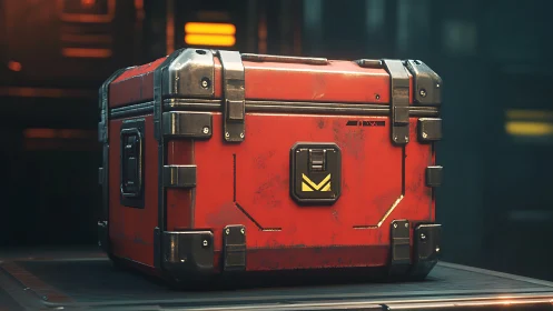 Red sci fi cargo crate rests on industrial platform