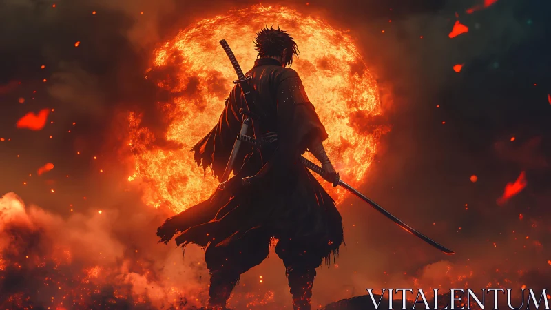 Samurai silhouette stands before a large burning sun sphere