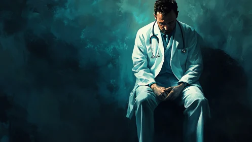 Exhausted doctor sits alone under dramatic teal shadows.
