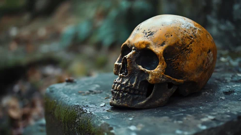Weathered human skull rests on mossed stone surface outdoors