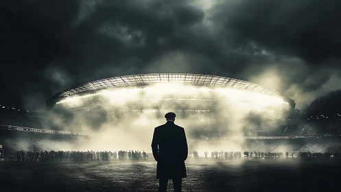Silhouetted mastermind confronts a storm-lit colossal stadium.