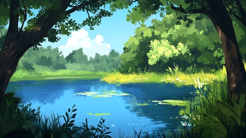 Sunlit Sanctuary: Nature's Verdant Cathedral by Water.