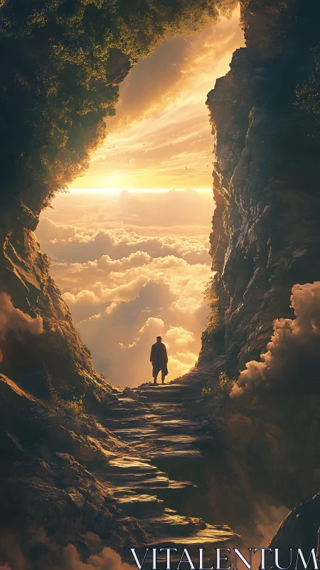 Solitary traveler reaches sunlit summit above glowing clouds.