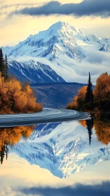 Mountain road with autumn trees and calm reflective lake.