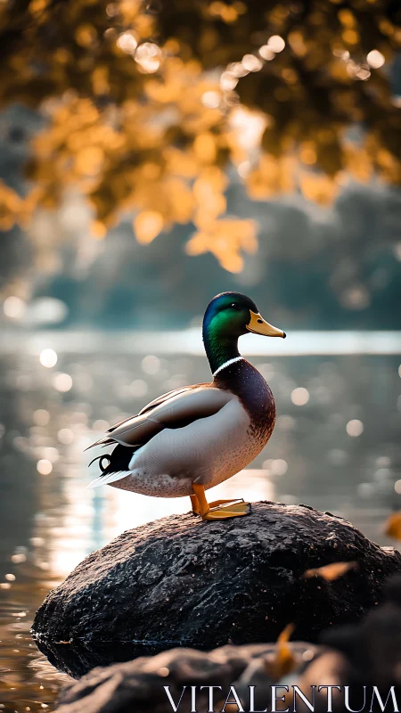 Mallard duck glows on a lakeside rock in golden evening light