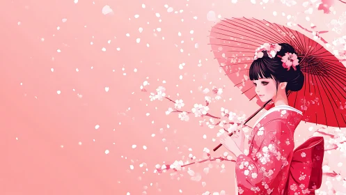 Japanese woman in kimono with umbrella and cherry blossoms.