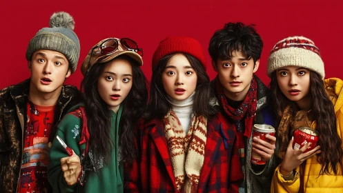 Winter portrait of five friends in layered outdoor clothing