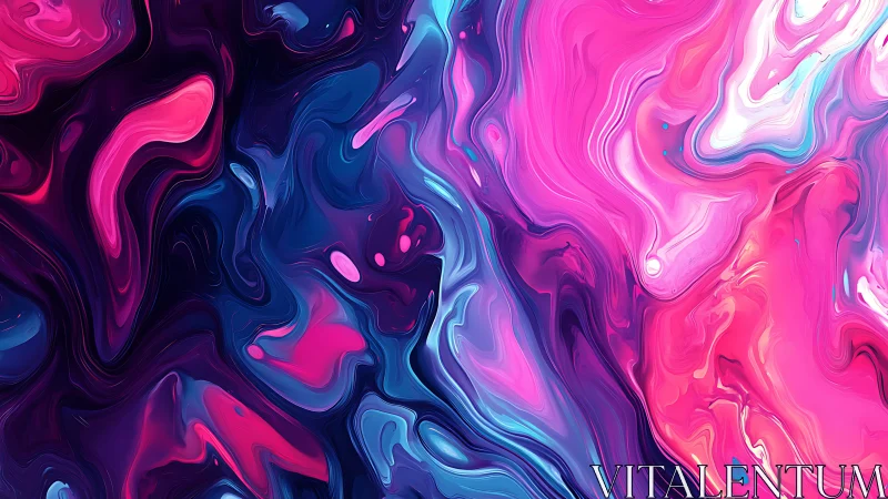 Neon fluid abstract with swirling pink and blue waves.