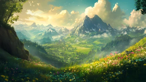 Sunlit fantasy valley unfolds beneath towering alpine peaks