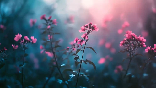 Pink Flowers Glowing in Blue Twilight.