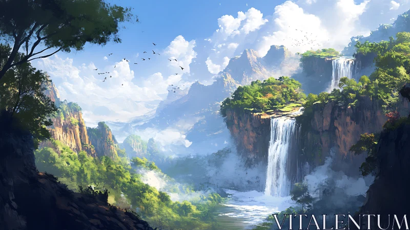 Sunlit cliffside waterfalls in a dreamlike green valley.
