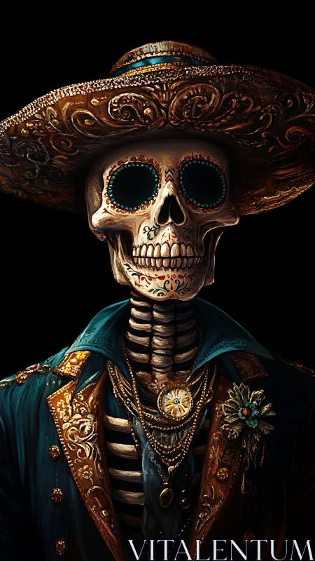 Dapper skeletal caballero in gilded Day of the Dead finery.