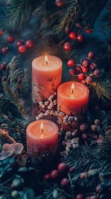 Christmas pillar candles glow through frosted evergreen wreath