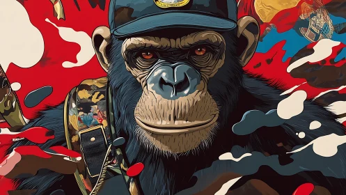 Militarized chimpanzee portrait dominates bold abstract field