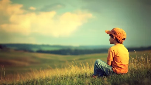 Child in orange clothing seated on grassy rural hillside.